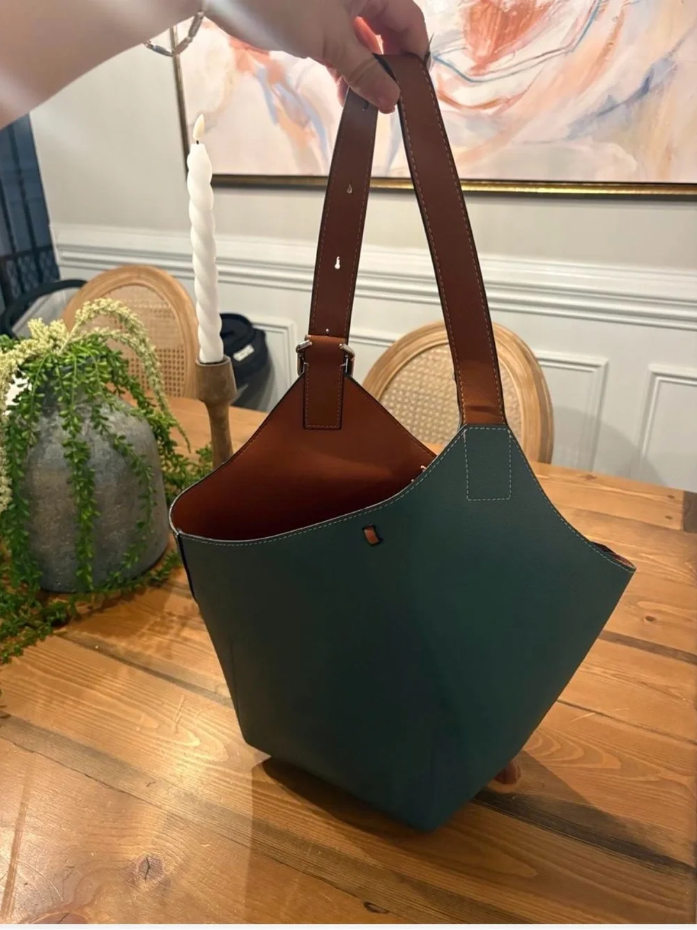 Women’s Dark Green Tote Bag with Brown Trim